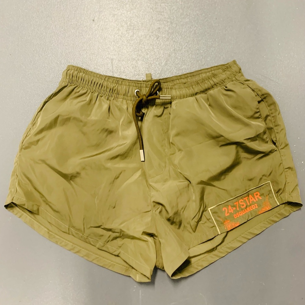 DSQUARED2 Olive Green Swim Trunks with Orange Logo Patch